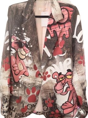 PINK MISCHIEF Graphic Pink Panther Art Jacket - Pink & Brown